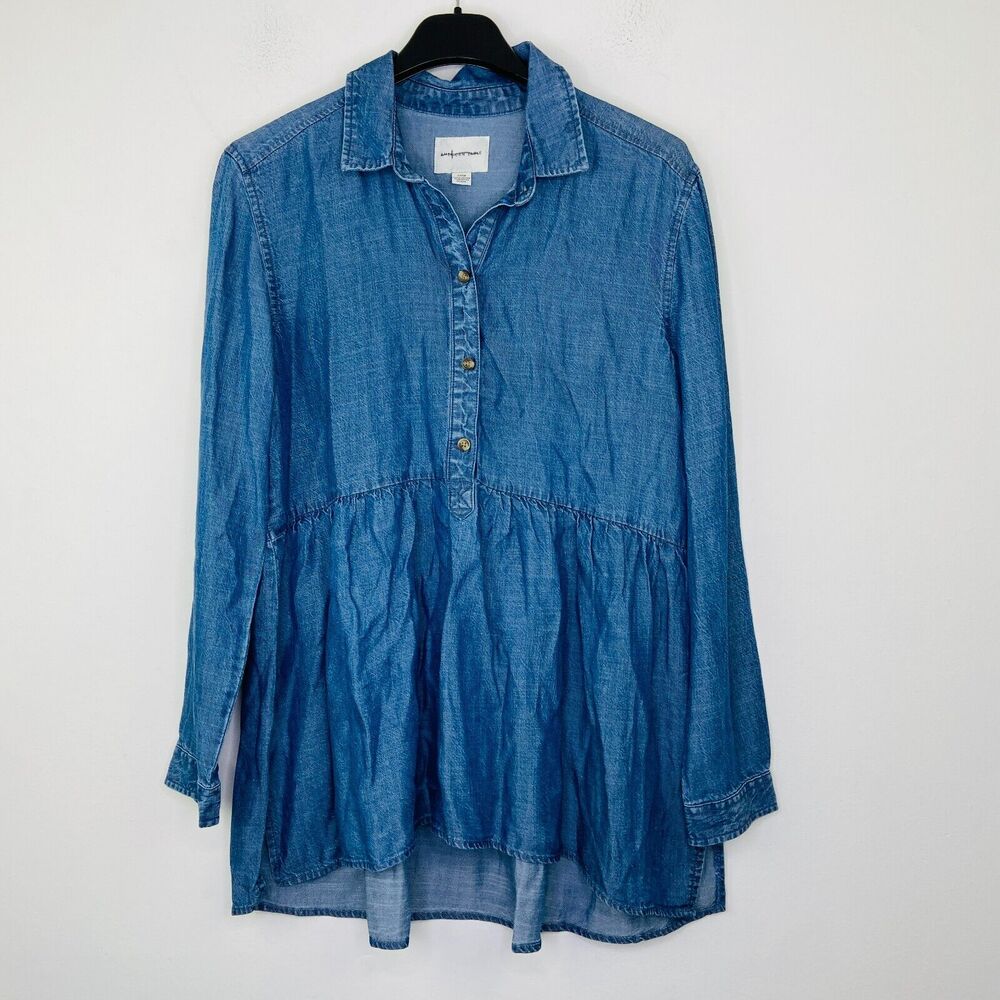 American Eagle Women's Small Blouse Blue Denim Long Sleeve Peplum Tunic BA25